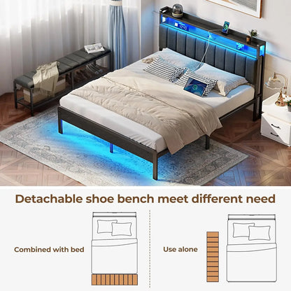 Full Bed Frame with Charging Station & LED Lights