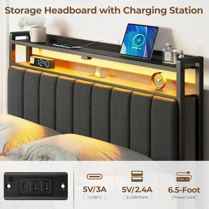 Full Bed Frame with Charging Station & LED Lights