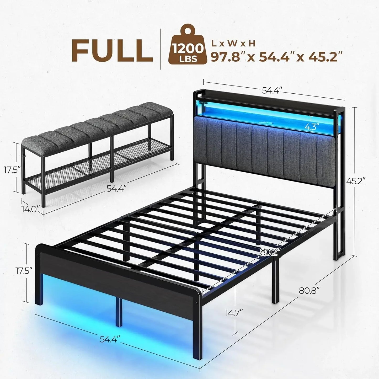 Full Bed Frame with Charging Station & LED Lights