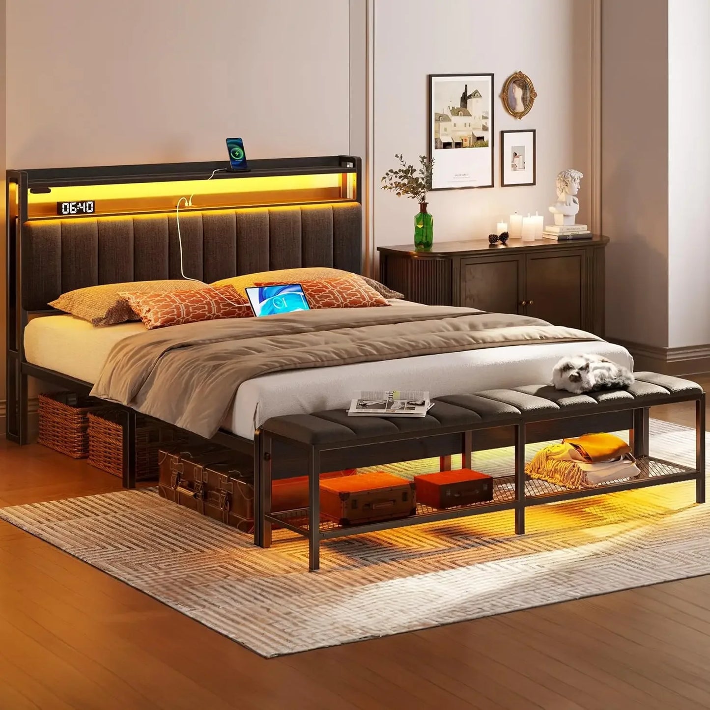 Full Bed Frame with Charging Station & LED Lights