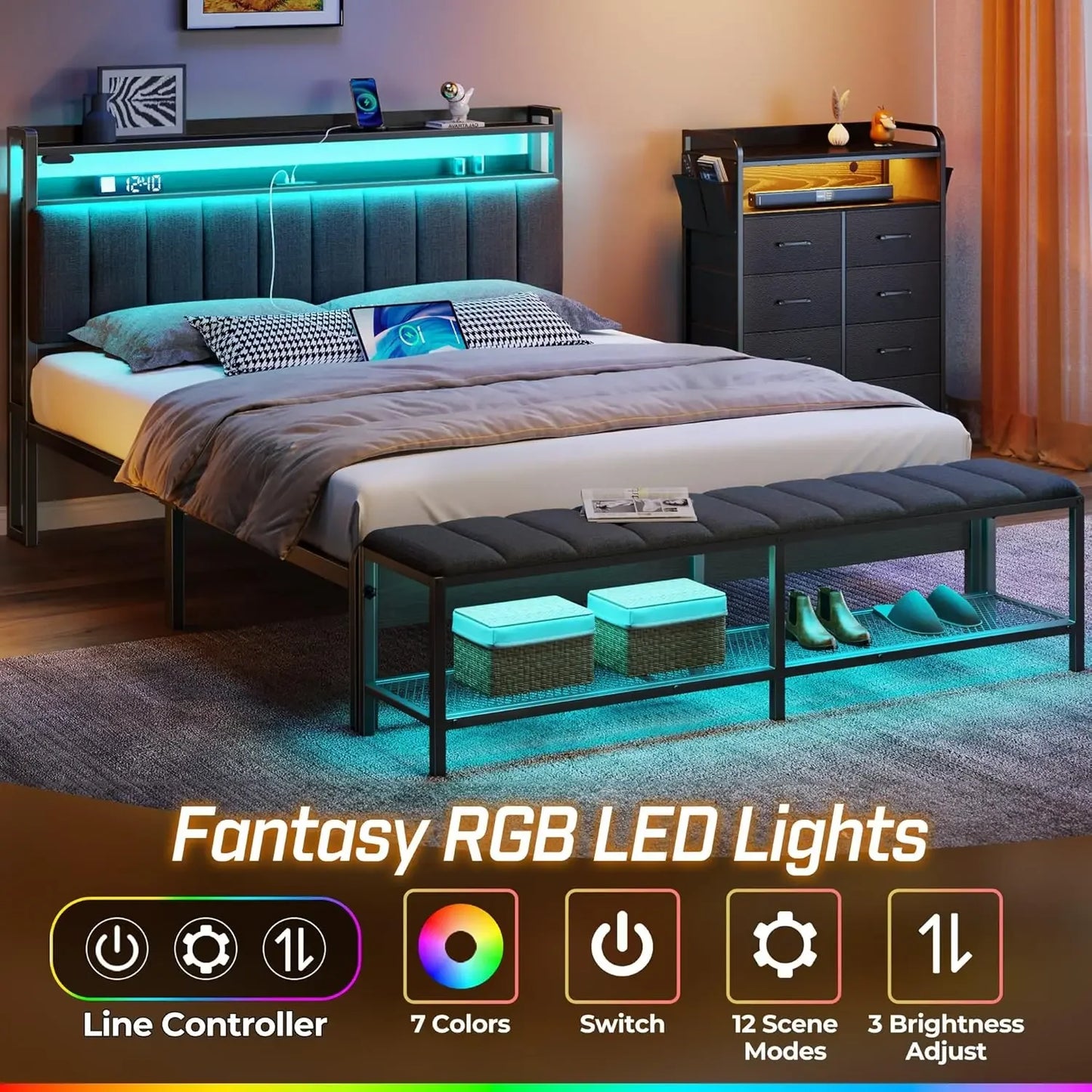 Full Bed Frame with Charging Station & LED Lights